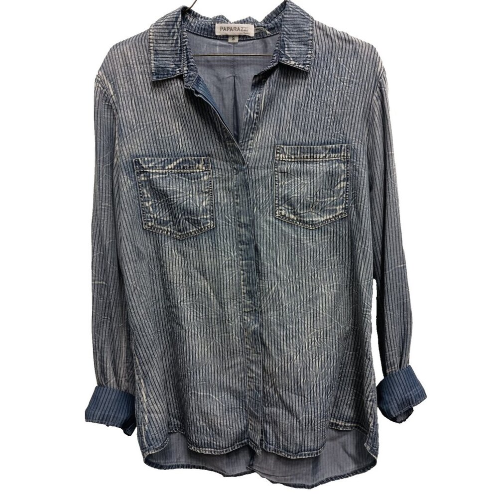 Paparazzi BOHO Shirt Womens Small Blue Striped Chambray Button Up‎ Long Sleeve